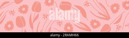 pink banner with spring flowers: tulips, daisies and daffodils - vector illustration Stock Vector