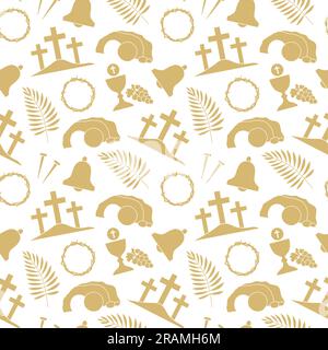 golden seamless pattern with Easter, Holy Week, Good Friday related icons: palm leaf, crown of thorns, mount Calvary, Jesus tomb, bell, holy communion Stock Vector