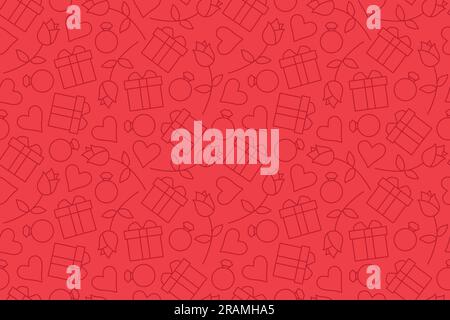 red seamless love, Valentine's Day pattern with hearts, diamond rings, rose flowers and gift boxes- vector illustration Stock Vector