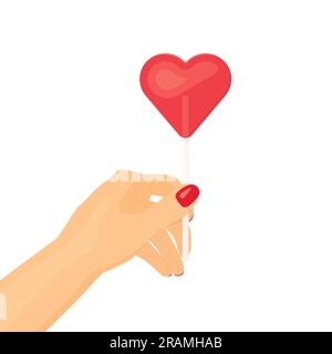 woman hand holding red heart shaped candy Valentine's Day lollipop- vector illustration Stock Vector