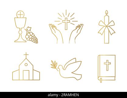 golden christianity icon set; holy communion, chalice and grapes, praying hands, candle, church, dove with olive twig and bible - vector illustration Stock Vector