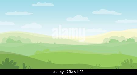 horizontal spring, summer rural meadow landscape and blue sky with clouds, natural background- vector illustration Stock Vector
