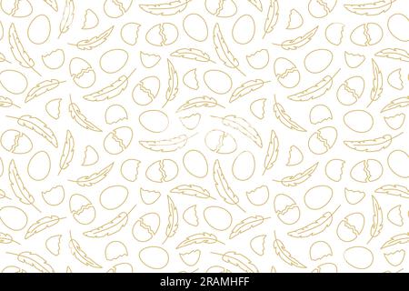 golden seamless pattern with eggs, egg shells and feathers; Easter background- vector illustration Stock Vector