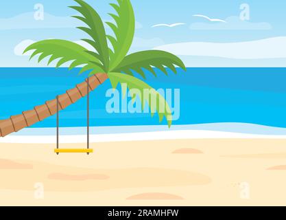 swing hanging from bending palm tree on tropical beach, summer vacation, exotic island landscape- vector illustration Stock Vector