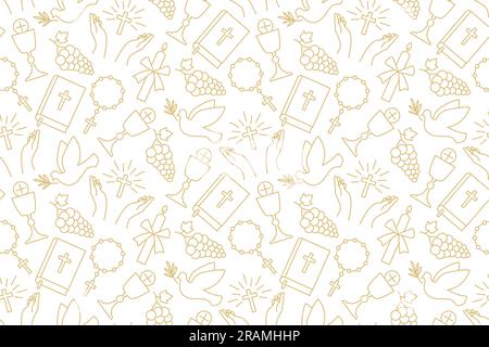 seamless pattern with christian religion icons: holy communion, chalice, grapes, praying hands, candle, dove with olive twig, rosary and bible - vecto Stock Vector