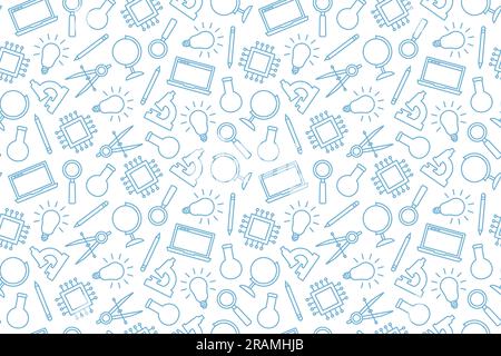 science seamless pattern with microscope, magnifier, pencil, pen, test tube, microprocesor, bulb, compass, globe icons - vector illustration Stock Vector