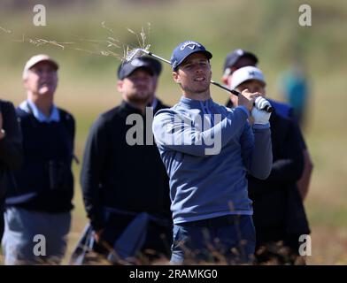 4th July 2023; West Lancashire Golf Club, Blundellsands, Liverpool, England: Final Qualifying for The Open; Matthew Jordan (ENG) plays from heavy rough Stock Photo