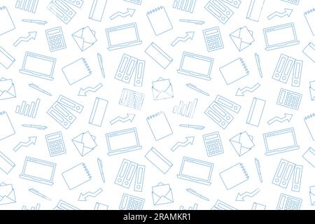 seamless pattern with business, office related icons: laptop, notebook, pen, binders, arrow, graph, calculator, envelope- vector illustration Stock Vector