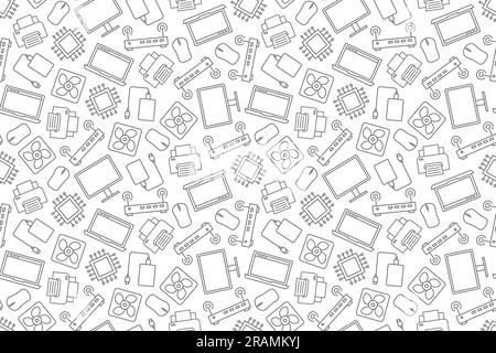 computer hardware seamless pattern, laptop, portable hard drive, monitor, mouse, CPU, fan, router, printer icons- vector illustration Stock Vector