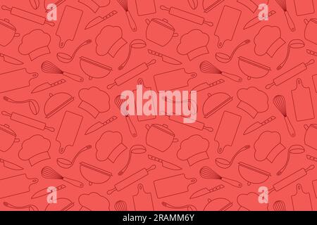 red seamless pattern restaurant, kitchen, cooking utensils icons-great for wrapping, menu, textile, wallpaper, greeting card- vector illustration Stock Vector