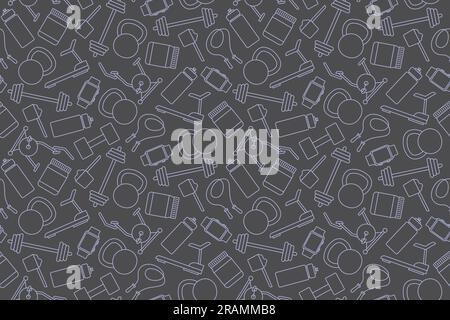 seamless pattern with sport, gym related icons: water bottle, treadmill, exercise bike, barbell, dumbbell, watch, jump rope, protein- vector illustrat Stock Vector