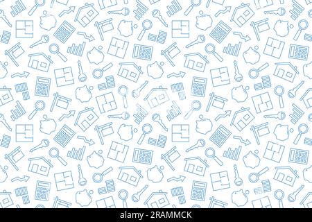 seamless pattern with real estate related icons: floor plan, savings, calculator, sign board, house, key, graph- vector illustration Stock Vector