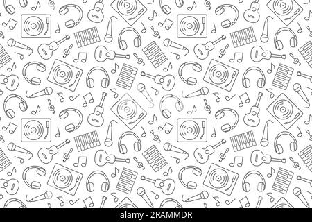 seamless music pattern: headphones, music notes, guitar, gramophone, microphone and piano keys, great for wrapping, textile, wallpaper, greeting card- Stock Vector