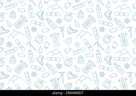 seamless pattern with winter mountains sport related icons: skates, skis, cable car, sled, fir tree, snowflake, hiking boots, pickax, snowboard, great Stock Vector