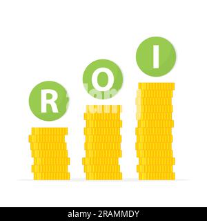ROI (Return On Investment) and growing stack of coins-  vector illustration Stock Vector