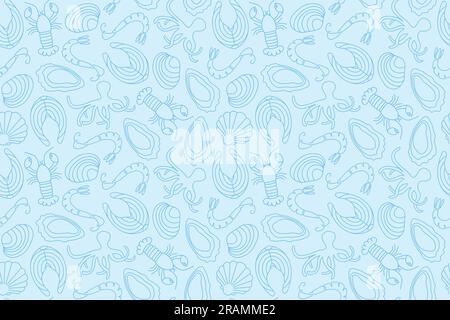 seamless marine, seafood pattern with lobster, clam, shrimp, octopus, salmon, oyster icons,  great for wrapping, textile, wallpaper- vector illustrati Stock Vector