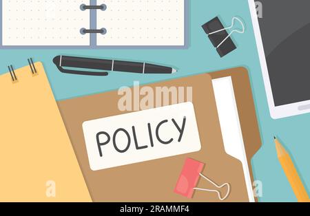policy word written on a file folder, flat lay composition of office desk with phone, pen, pecil, notebook and office clips- vector illustration Stock Vector