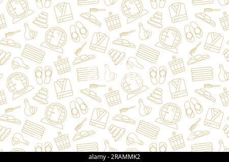 seamless golden pattern with sauna, spa icons: barrel sauna, hot stones, wooden bucket, bathrobe, flip flops, towels, essential oil- vector illustrati Stock Vector