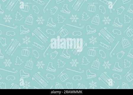 seamless pattern with winter sport related icons: skates, skis, cable car, hockey, sled, fir tree, snowflake, great for wrapping, textile, wallpaper, Stock Vector