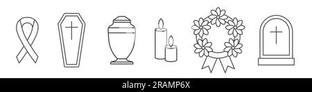 set of funeral line icons: mourning ribbon, coffin, urn, candles, wreath and grave- vector illustration Stock Vector