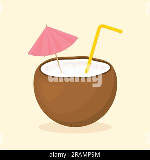 cocktail in coconut with straw and umbrella - vector illustration Stock Vector