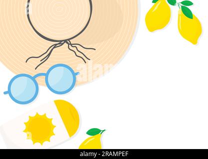 summer flat lay banner with straw hat, sun cream, lemons, and sunglasses with copy space- vector illustration Stock Vector
