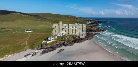 Aerial view of Balephuil bay, and Balephuil township, Isle of Tiree, Inner Hebrides, Scotland. Stock Photo