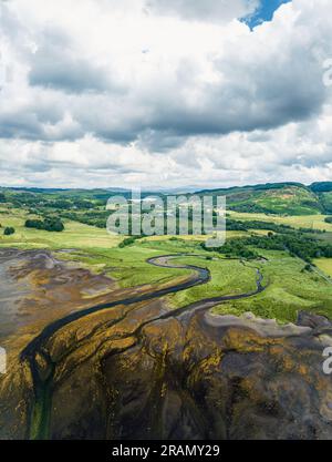 Panorama of Loch Feochan and Feochan Bheag River from a drone, Feochan Glen, Oban, Argyll and Bute, West Highlands, Scotland, UK Stock Photo