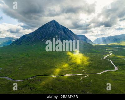 Rannoch Moor and Mountains around Buachaille Etive Mòr from a drone, River Coupall, Glen Etive and River Etive, Highlands, Scotland, UK Stock Photo