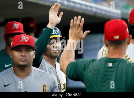 Oakland Athletics' Tyler Wade celebrates after hitting a double against the  Cleveland Guardians during the fourth inning of a baseball game Wednesday,  June 21, 2023, in Cleveland. (AP Photo/David Dermer Stock Photo 