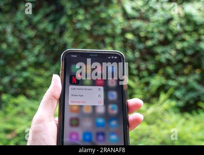 Kuala Lumpur, Malaysia - June 29, 2023: Close up view of hand holding a mobile phone showing Netflix app icon, an online streaming platform. Stock Photo