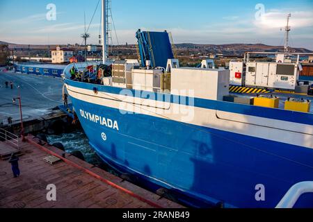 KERCH, CRIMEA - OCT. 2014: Port Krym. Kerchenskaya ferry crossing. Ferry 'Olympiada' Stock Photo