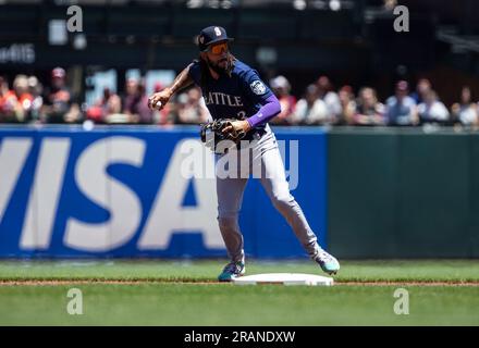 July 04 2023 San Francisco CA, U.S.A. Seattle shortstop J.P. Crawford (3)makes an infield play during the MLB game between the Seattle Mariners and the San Francisco Giants at Oracle Park San Francisco Calif. Thurman James/CSM Stock Photo