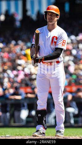 July 04 2023 San Francisco CA, U.S.A. San Franciscio center field Mike Yastrzemski(5) up at bat during the MLB game between the Seattle Mariners and the San Francisco Giants at Oracle Park San Francisco Calif. Thurman James/CSM Stock Photo