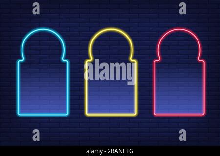 Neon Ramadan islamic frame. Vector arch shapes on dark background. Muslim door and window. Arabian bright template set. Stock Vector