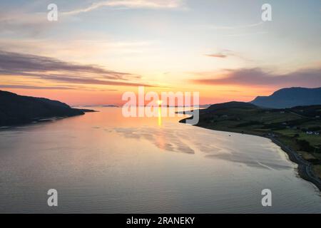 Aerial view of stunning sunset over Loch Broom in Ullapool, Scotland Stock Photo