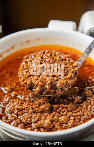 Minced Pork in Chili Bean Paste, Isolated on White Background. Stock Photo