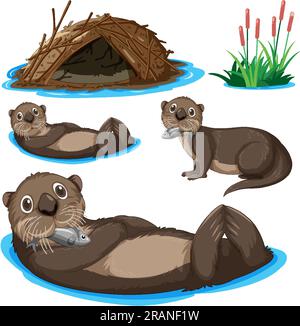 Set of otter cartoon character illustration Stock Vector