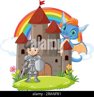 Cute Dragon with Knight and Castle illustration Stock Vector Image ...