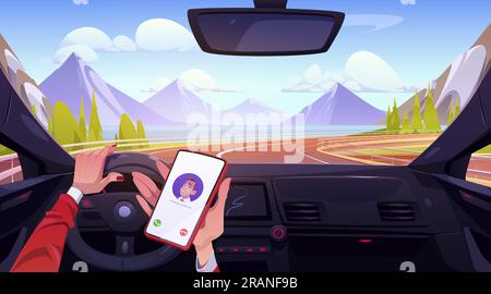 Female hands driving car and holding smartphone. Vector cartoon illustration of auto steering wheel, woman driver making phone call while turning on curvy road, mountain lake view through windshield Stock Vector