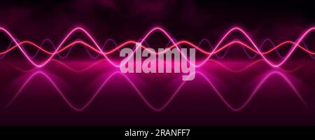 Pink neon audio sound voice wave pulse light. Abstract radio electronic music frequency vector effect background. Vibrant track equalizer waveform with smoke and blurred curve graph illustration. Stock Vector