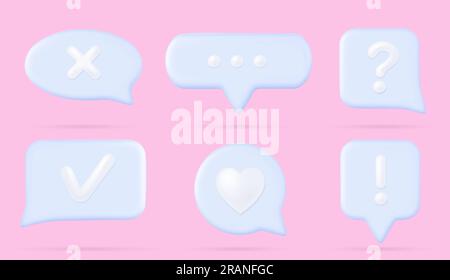 3d chat speech bubbles, text boxes for dialog messages or comments in social media app. Talk clouds different shapes with icons of check and cross marks, heart and question sign, vector illustration Stock Vector