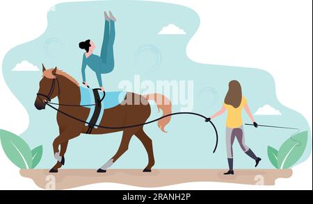 Vaulting illustration. Acrobatics on a horse. A woman is training a horse. A girl performs tricks on a horse. Gymnastics on a horse. Stock Vector