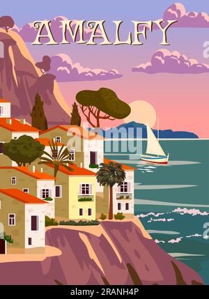 Amalfi Coast Italy, mediterranean romantic landscape, mountains, seaside town, sea. Retro poster travel Stock Vector