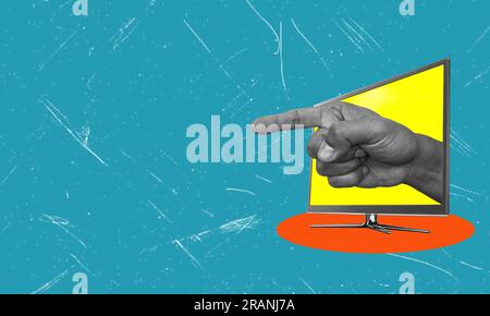 Abstract art collage, digital collage, finger pointing from a modern TV on a blue background with copy spaces. Mainstream news concept. Stock Photo