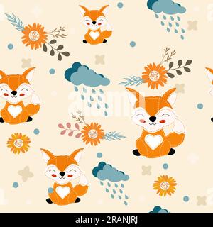Warm seamless pattern with autumn elements, clouds, rain, fox, flowers, decor. For printing on textiles, pajamas, bedding, holiday decoration, for wra Stock Vector