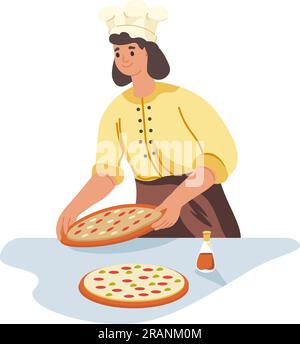 Cooking and preparing pizza in pizzeria shops Stock Vector