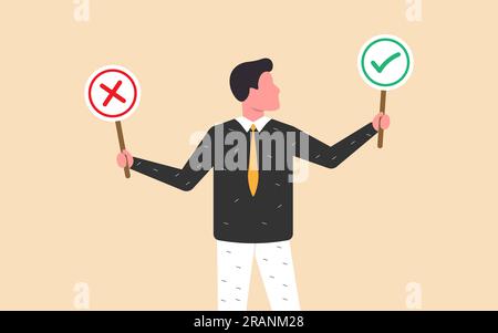 Thoughtful businessman holds right or wrong options, illustrating moral decision-making. Stock illustration available. Stock Vector