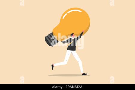 Businessman running carrying a heavy big bulb burden, flat vector illustration Stock Vector