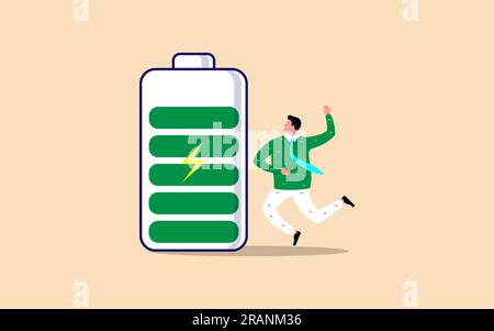 Fully charged and energetic business executive in suit, depicted with a full battery indicator in a vector illustration. Stock Vector